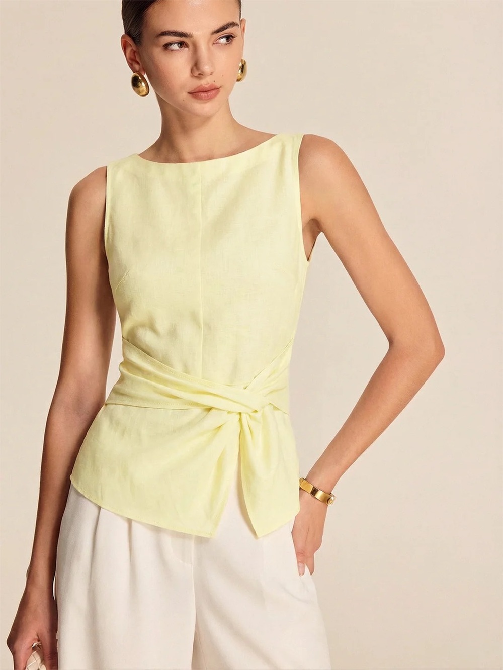 COMMENSE Twisted Waist Linen Blend Sleeveless Blouse - size Medium